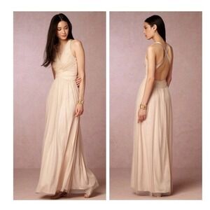 Hitherto‎ Anthropologie BHLDN Gown Womens 4 Beige Tulle Open Back Maxi Dress
